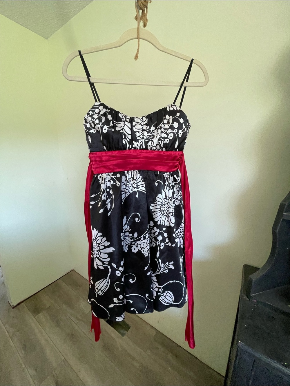 Ruby Rox Black and White Floral Strapless Dress with Red Sash